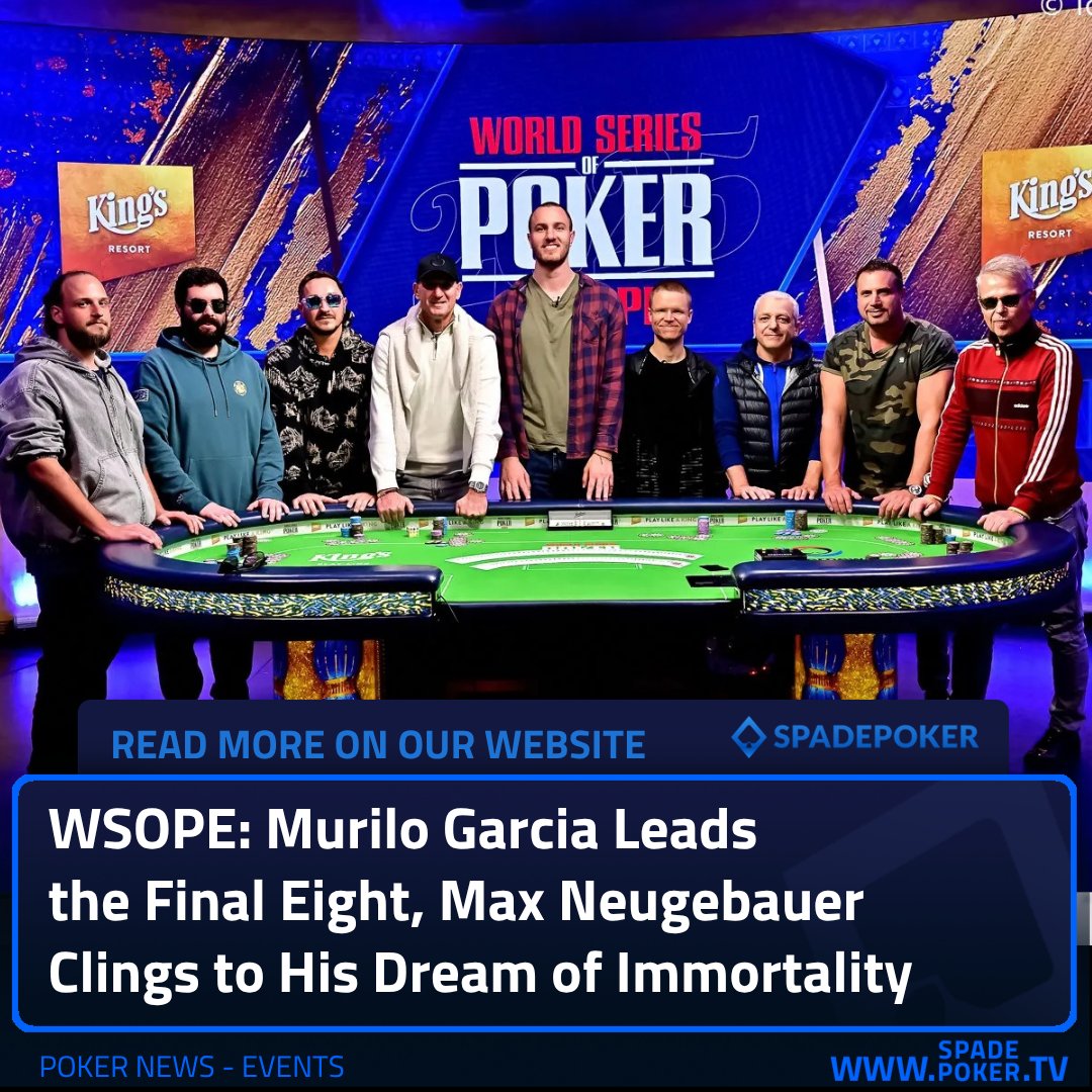 SpadepokerTV's tweet image. Final 8 set in Rozvadov!
🇧🇷 Murilo Garcia leads with 13.4M (54BB); defending champ Max Neugebauer 11.025M (44BB) chasing history. 
Resumes 16:00, stream 17:00. €1.14M up top.  ♠️ #WSOPE #Poker #spadepoker spadepokertv.com/en/news/wsope-…