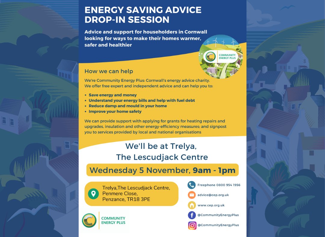 TrelyaCornwall's tweet image. Trelya are excited to be hosting Community Energy Plus for their Energy Saving Advice Drop-In Session on the 5th Nov, 9am-1pm.

No need to book, just pop by for free expert advice on reducing energy usage, tackling damp, and support applying for heating repair and upgrade grants!