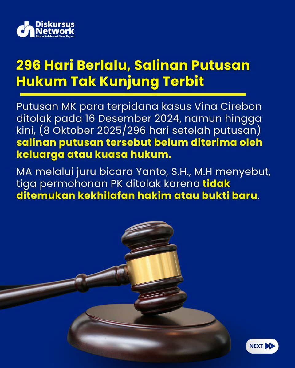 DiskursusNet's tweet image. Padahal dari salinan putusan itulah publik bisa tahu, apa alasan hakim menolak bukti baru (novum) dan pertimbangan apa aja yang dipakai MA.

Gimana menurut kamu, Sobat DN?

#KasusVina #NarasiAntiklimaks #DiskursusNetwork