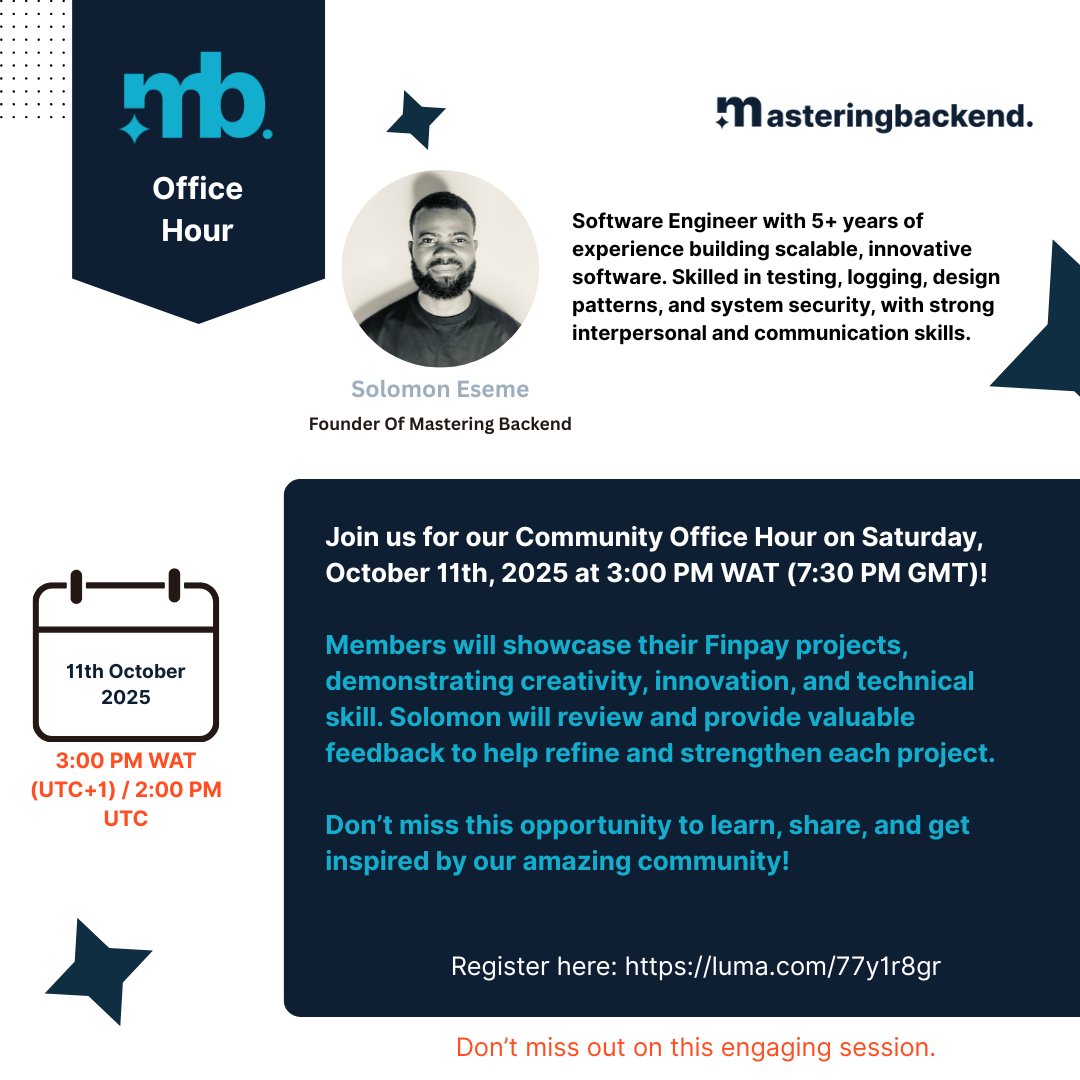 master_backend's tweet image. We’re excited to announce our upcoming MB Community Office Hour on Sat, Oct 11, 2025 | 3PM WAT (7:30PM GMT).

Featuring Finpay project presentations reviewed by Solomon.
Learn, connect, and grow with us!

👉 Register: luma.com/77y1r8gr

#MBCommunity #Finpay #TechCommunity