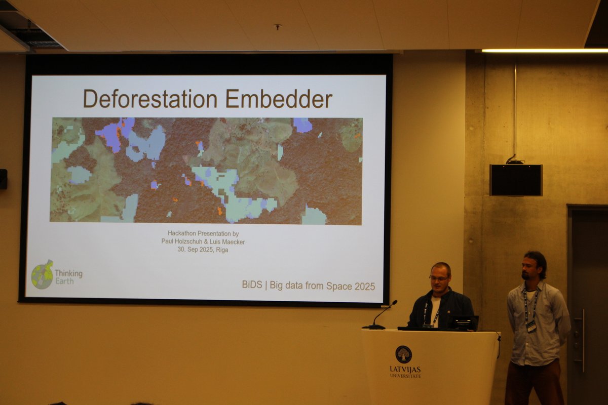 Congrats to the 3rd place winner of the #ThinkingEarth Hackathon — Deforestation Embedder by Luis Maecker and Paul Holzschuh!
Using #Copernicus Foundation Models + #SAR data, it detects forest loss beyond the clouds — showing deforestation patterns invisible to optical sensors.