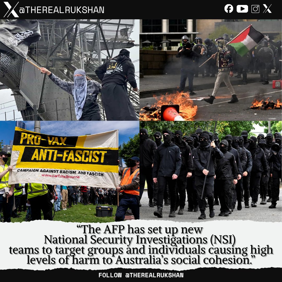 therealrukshan's tweet image. The Australian Federal Police (AFP) "has set up new National Security Investigations (NSI) teams to target groups and individuals causing high levels of harm to Australia’s social cohesion."

The aim of the new NSI teams is centred around targeting domestic and foreign groups…