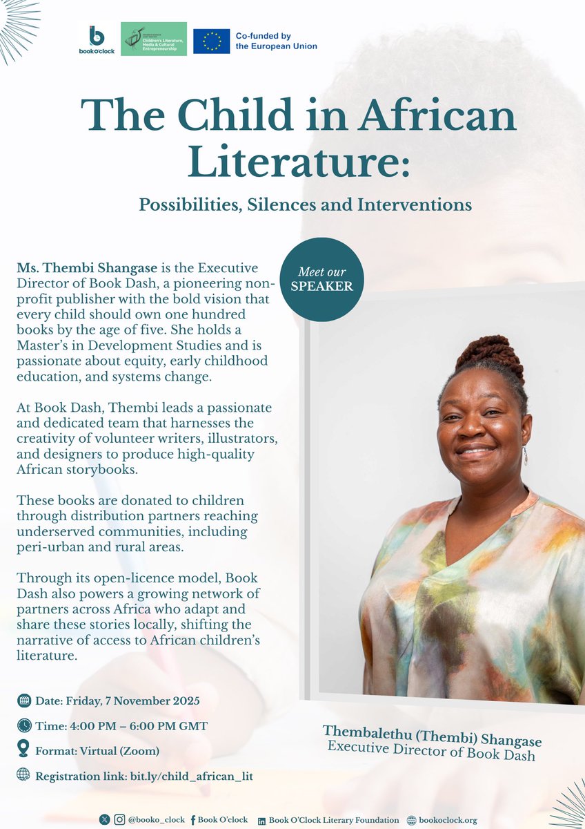 booko_clock's tweet photo. It is a month to “The Child in African Literature” webinar and we are so excited that @thembi_shangase is joining us for it!
What are you waiting for? Register now: https://t.co/afALVNV1lr and mark your calendars!
#childrensliterature #bookdash #books #bookoclock https://t.co/NcX8OJEiFX