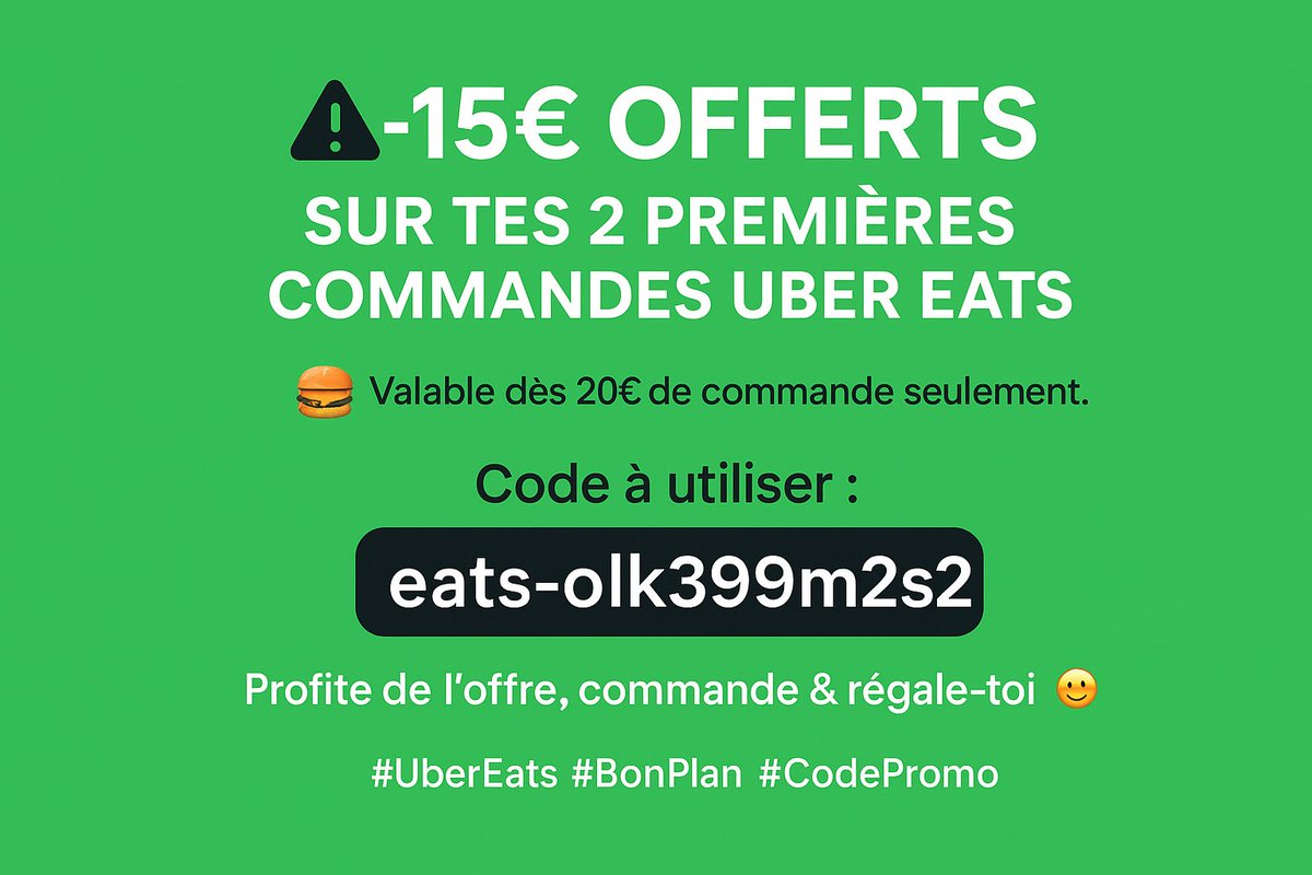 MoonHomeless's tweet image. 🍕 15€ offerts sur tes 2 premières commandes Uber Eats !
🍔 Valable dès 20€ de commande seulement.
🎁 Code à utiliser : eats-olk399m2s2

👉 Profite de l’offre, commande &amp;amp; régale-toi sans te ruiner 😋
#uber #ubereat #UberEats #code #codepromo #promo #reduc #reduction #BonPlan