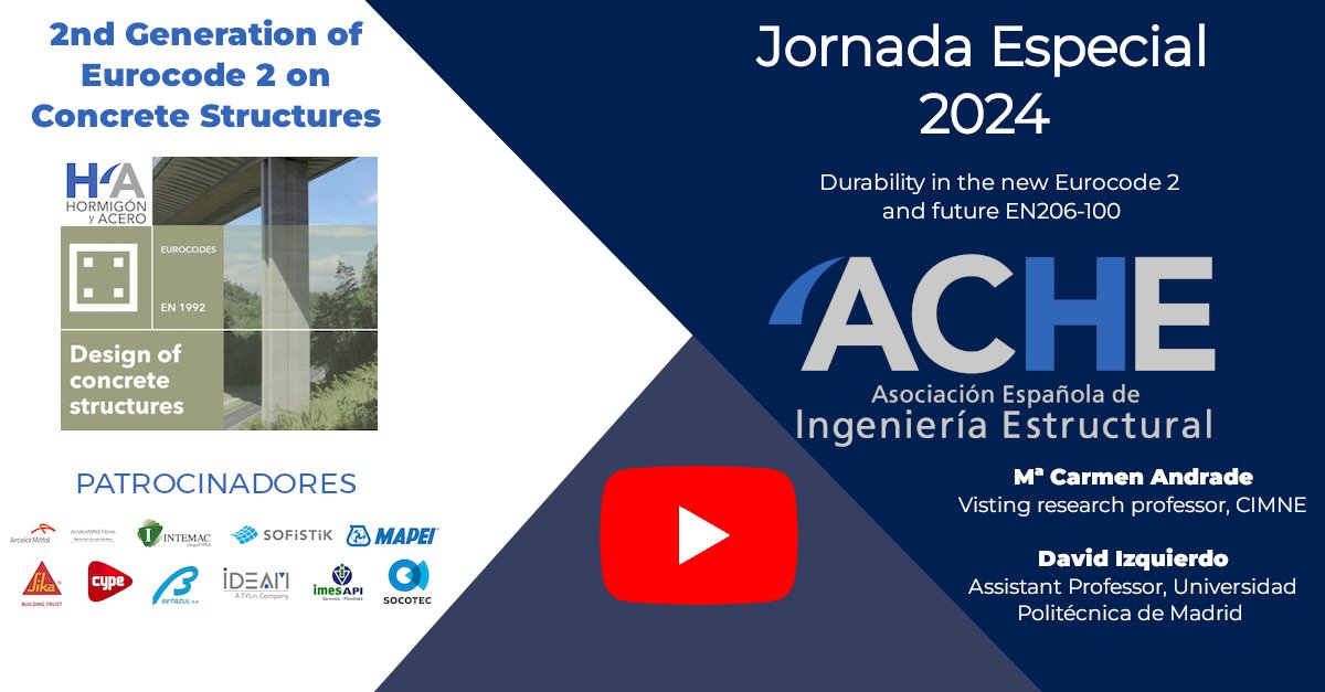 🎥 Nuevo vídeo en YouTube: “Durabilidad y recubrimientos en el próximo EC2”, por Carmen Andrade y David Izquierdo.
📌 Cambios clave en la norma EN 1992-1-1:2004.
🔗 youtu.be/c2NkvqscQEM
#ACHE #HormigónyAcero #YouTube  #EC2