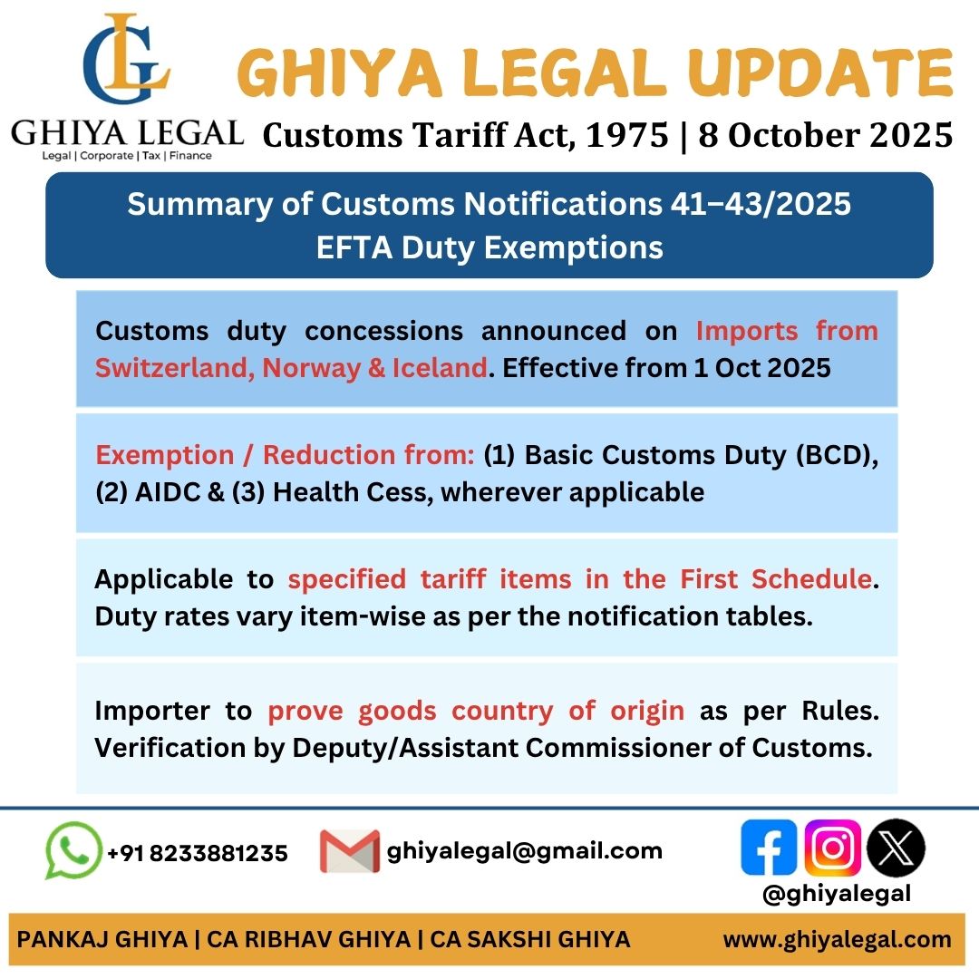 ghiyalegal's tweet image. Ghiya Legal Update 🧾 | Customs Tariff Act, 1975

EFTA Duty Exemptions announced 🇨🇭🇳🇴🇮🇸 
Effective 1 Oct 2025
✅ Duty relief on imports from Switzerland, Norway &amp;amp; Iceland
✅ Covers BCD, AIDC &amp;amp; Health Cess
✅ Proof of origin mandatory

#GhiyaLegal #CustomsUpdate #EFTA #TradeNews