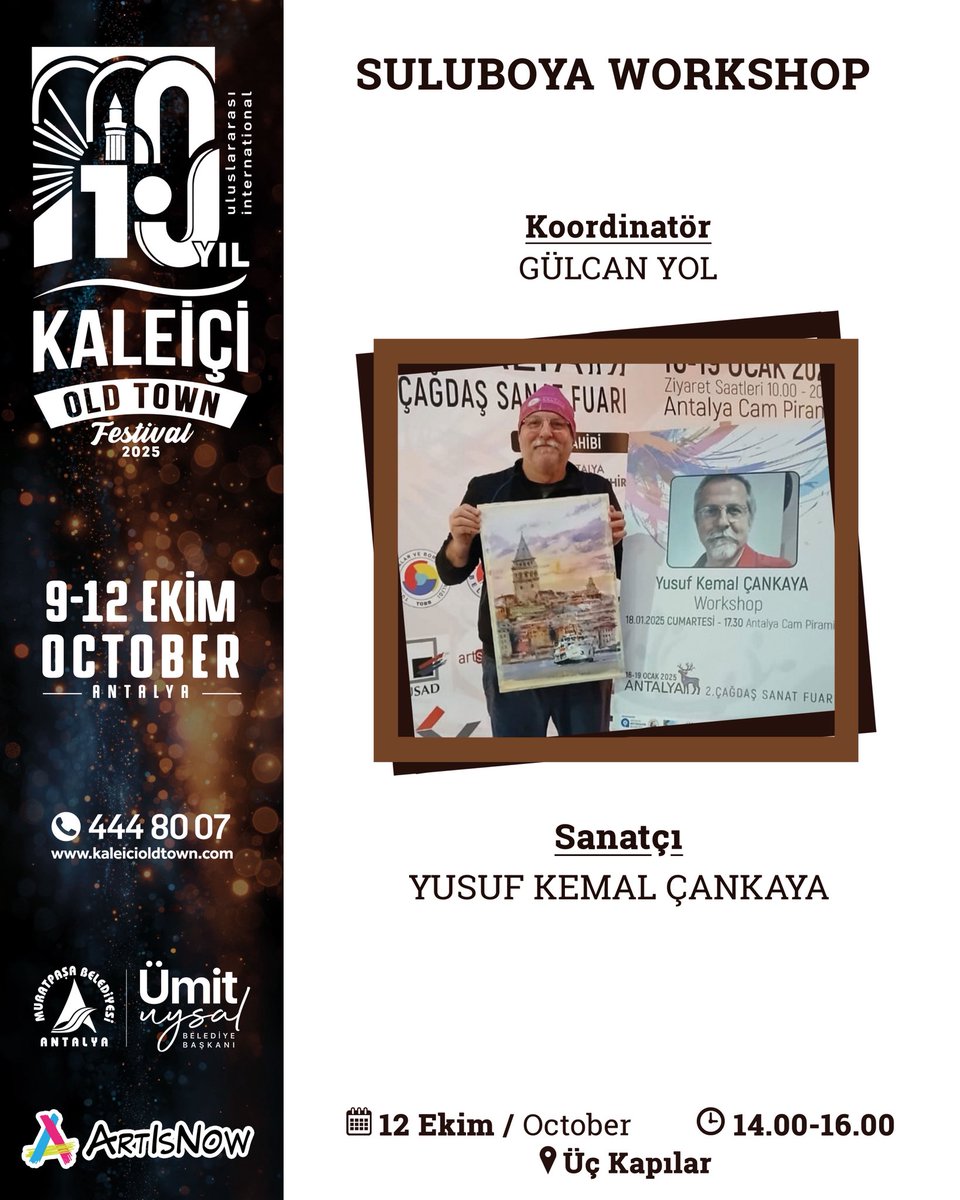 10. Kaleiçi Old Town Festivali’nin son günü olan 12 Ekim'de Kaleiçi yine sanatla, müzikle, coşkuyla dolu!

Üç gün boyunca tarihi sokaklarda yankılanan ritimler, rengarenk sergiler ve atölyelerle dolu bir yolculuğun finali olan 12 Ekim'de gerçekleşecek etkinliklere görsellerden