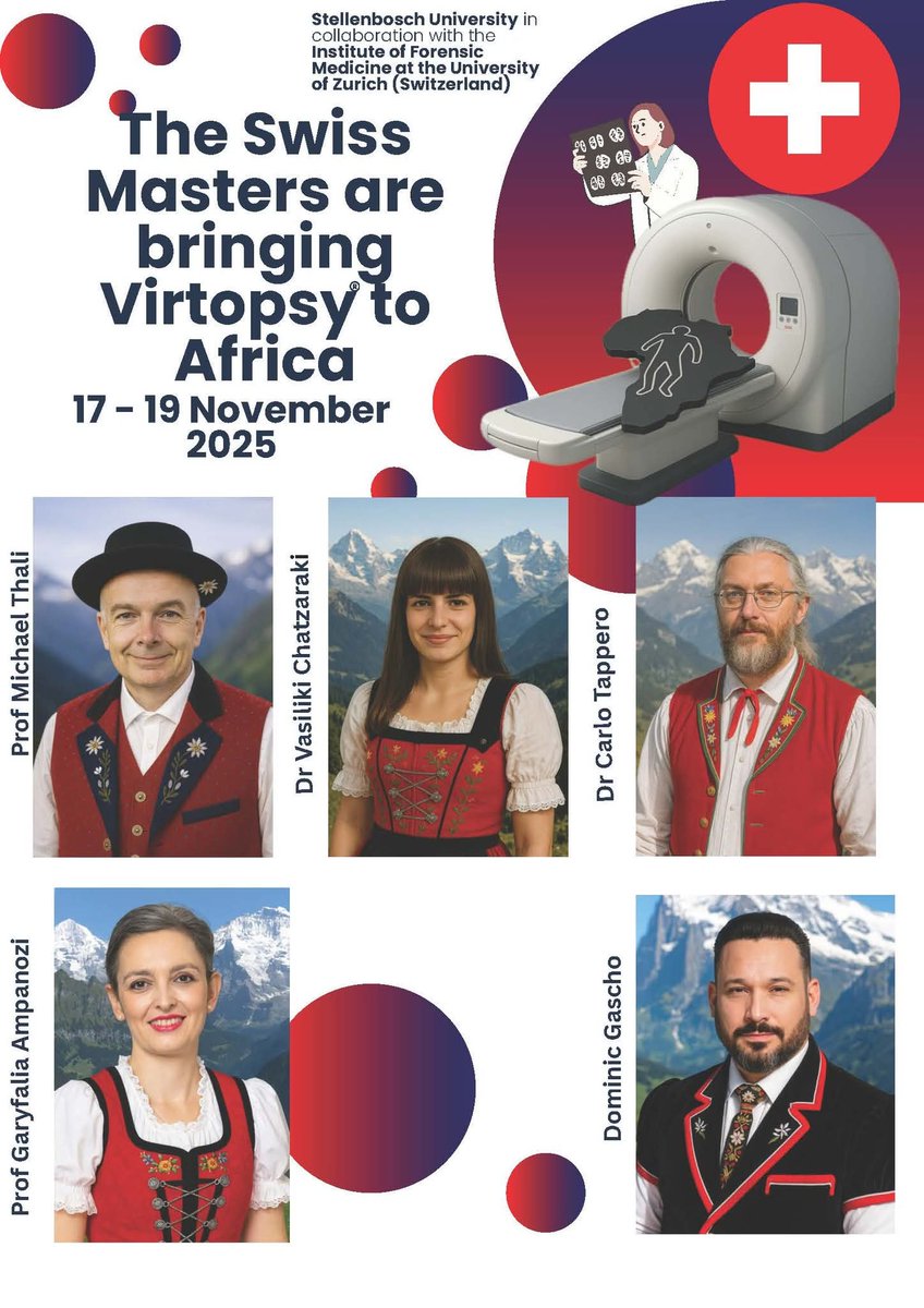 StellMed's tweet photo. The Swiss Masters are Bringing Virtopsy to Africa 🇨🇭 🇿🇦🌍
Dates: 17 - 19 November 2025
Venue: STIAS - Stellenbosch Institute for Advanced Study, 10 Marais Street Stellenbosch Central
Registration Link:
https://t.co/a0a6htcbcw https://t.co/fGJ3CgMpDK