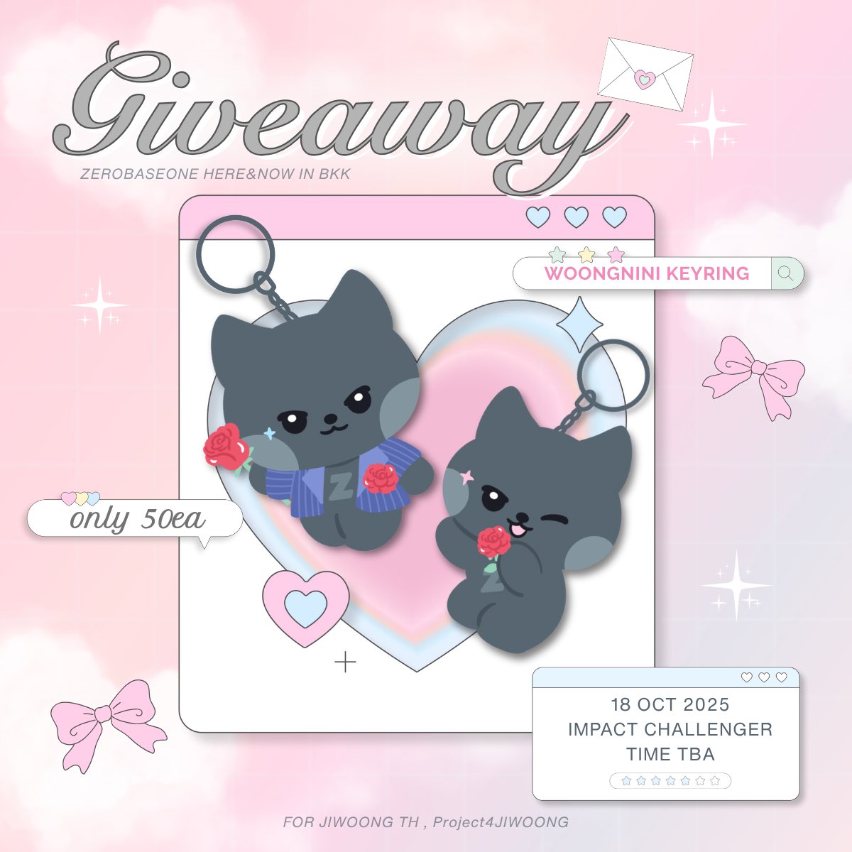 ⋆˙⟢ 𝑺𝑻𝑨𝑵𝑫 𝑩𝒀 𝑴𝑬 𝑱𝑰𝑾𝑶𝑶𝑵𝑮 𝒊𝒏 𝒃𝒌𝒌 𓂃⟢ ࣪ ˖
〔 #StandByMeJIWOONGinbkk 〕

ปี๊ป่อ🚨 Giveaway มาแล้วค่า ♡
#ZEROBASEONEINBKK 

🐈‍⬛ Woongnini keyring
50ea total
(RT &amp; show this post)

#ZB1HEREandNOWinBKK #KIMJIWOONG
#2025_ZEROBASEONE_WORLDTOUR_HEREANDNOW_IN_BANGKOK