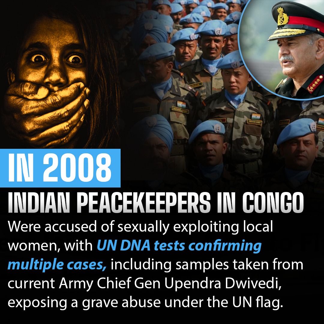Zarmeenabaloch's tweet photo. In 2008, Indian UN peacekeepers in Congo were accused of exploiting local women.
UN DNA tests confirmed multiple cases exposing shocking abuse under the UN flag. A dark truth hidden behind peacekeeping uniforms.
#Congo #UNScandal #HumanRights #UN #Armychief #India https://t.co/taP4xMKg0H