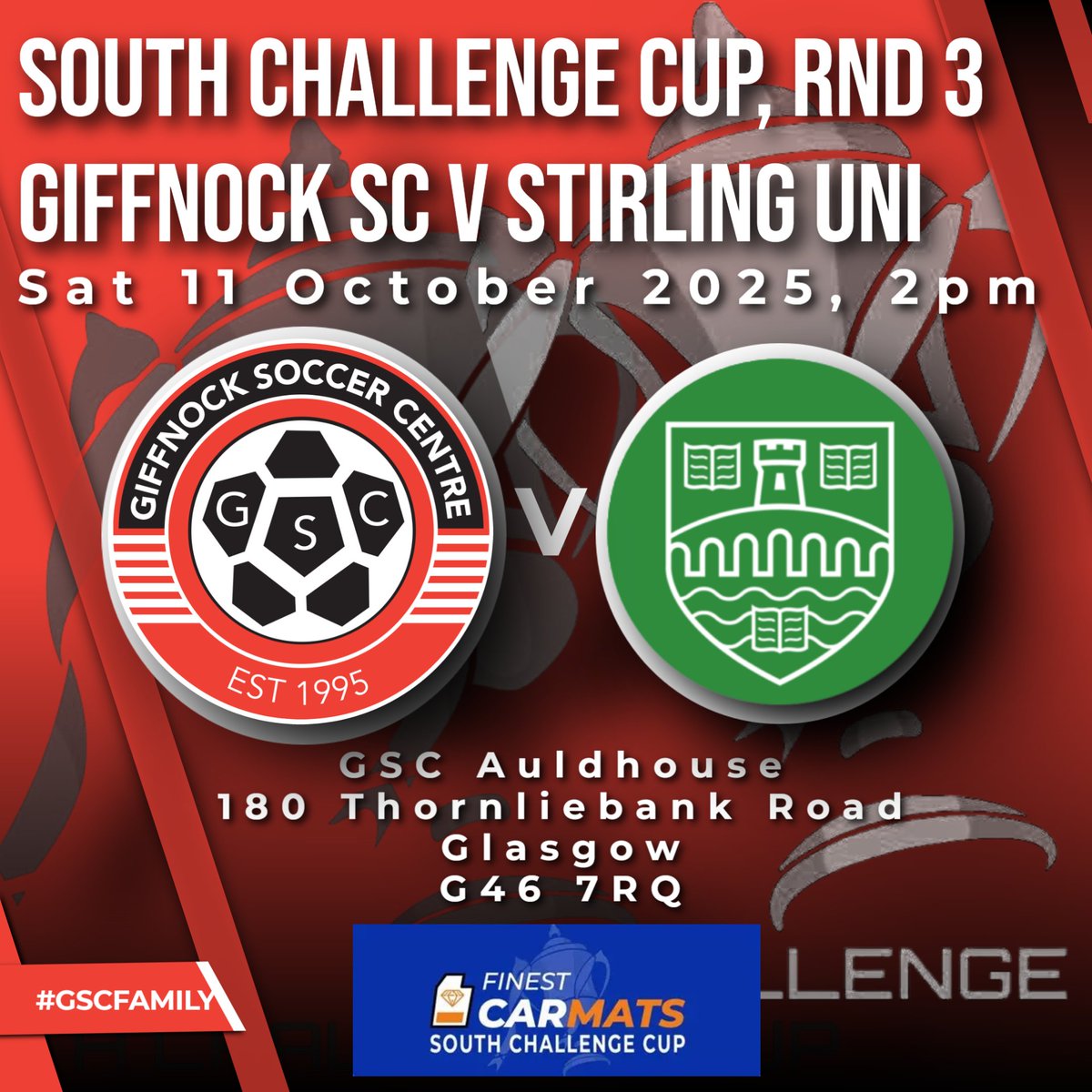 Giffnock SC WOSFL (@giffnockwosfl) on Twitter photo South Challenge Cup rnd 3
v <a href="/StirlingUniFC/">University of Stirling Football Club</a>
We face Lowland League <a href="/StirlingUniFC/">University of Stirling Football Club</a>, the most senior team we have played in a competitive game.
With the International weekend break, get along to support your local team!
🏠GSC Auldhouse
🕑 2pm
🗓  Sat 11 Oct
🎫 Adults £7; Conc £4 South Challenge Cup rnd 3
v <a href="/StirlingUniFC/">University of Stirling Football Club</a>
We face Lowland League <a href="/StirlingUniFC/">University of Stirling Football Club</a>, the most senior team we have played in a competitive game.
With the International weekend break, get along to support your local team!
🏠GSC Auldhouse
🕑 2pm
🗓  Sat 11 Oct
🎫 Adults £7; Conc £4