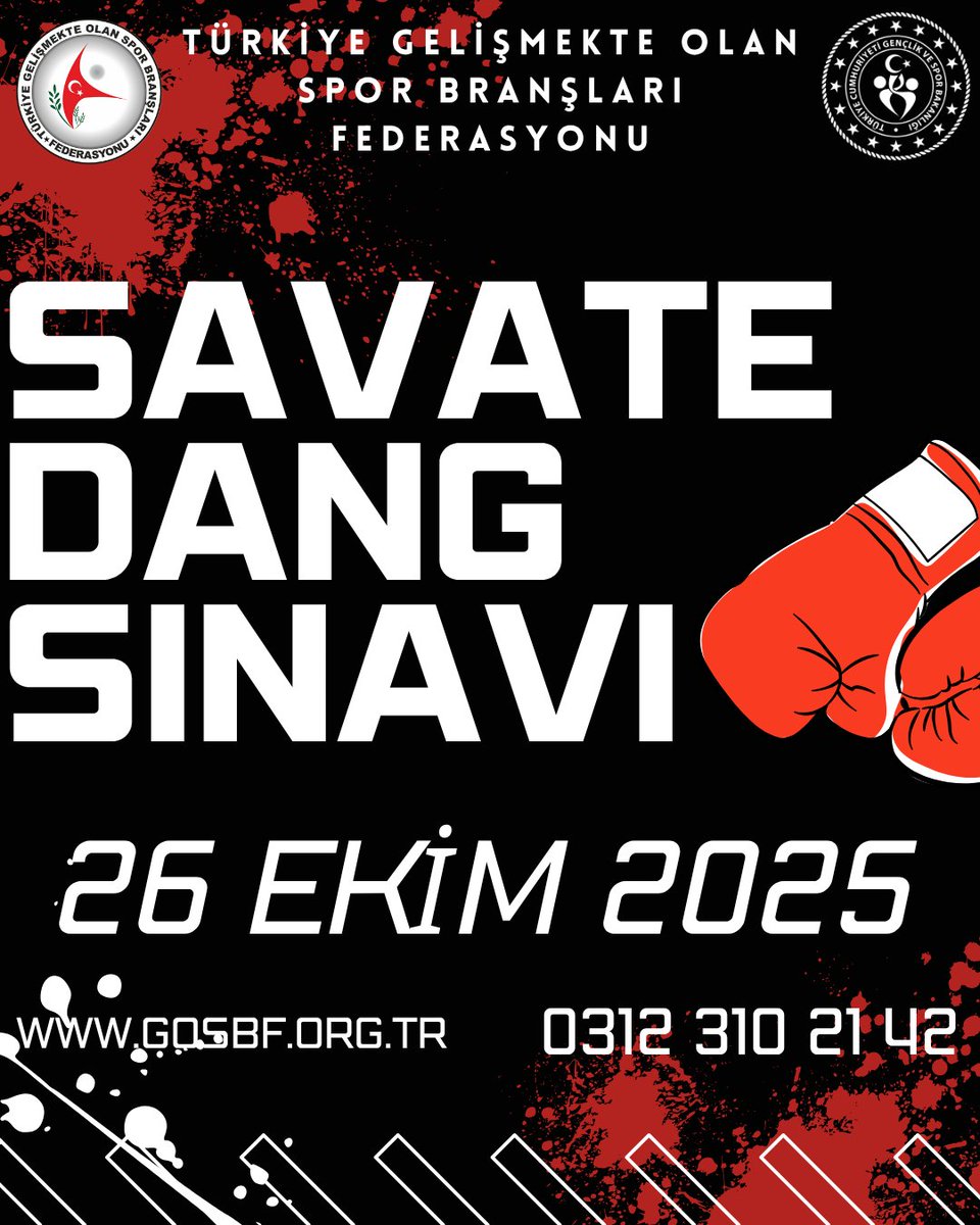 Savate Dang Sınavı 26 Ekim 2025 tarihinde İstanbul ili Pendik ilçesinde gerçekleştirilecektir. 

Sınava dair detaylara resmi web adresimiz üzerinden ulaşabilirsiniz.
<a href="/OA_BAK/">Dr. Osman Aşkın Bak</a> 
<a href="/hamzayerlikaya/">Hamza Yerlikaya 🇹🇷</a> 
<a href="/fjuysal/">Fatih UYSAL</a> 
<a href="/gencliksporbak/">Gençlik ve Spor Bakanlığı 🇹🇷</a> 
<a href="/GSBsporgm/">Spor Hizmetleri Genel Müdürlüğü</a>