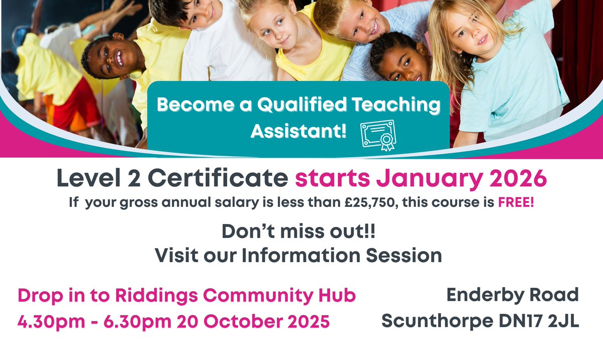 Level 2 Teaching Assistant Course.
Starts January 2026.
Drop in to our Information session. <a href="/JCPinHumber/">JCPinHumber/NthYorks</a> #northlincs #teaching #course #workingwithchildren