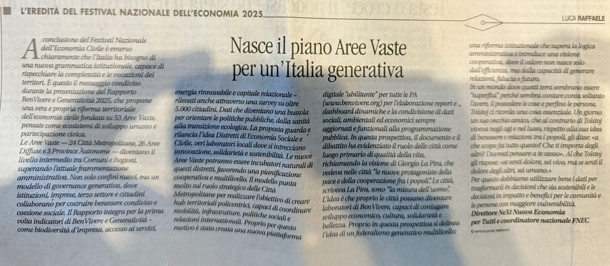 🌍 Dal #FNEC25 nasce il Piano delle Aree Vaste per un’Italia generativa: un progetto che mette in rete territori, imprese e comunità per costruire sviluppo sostenibile e benessere condiviso.

«Serve passare da bandi a alleanze territoriali stabili» — Luca Raffaele <a href="/Avvenire_Nei/">𝐀𝐯𝐯𝐞𝐧𝐢𝐫𝐞</a>