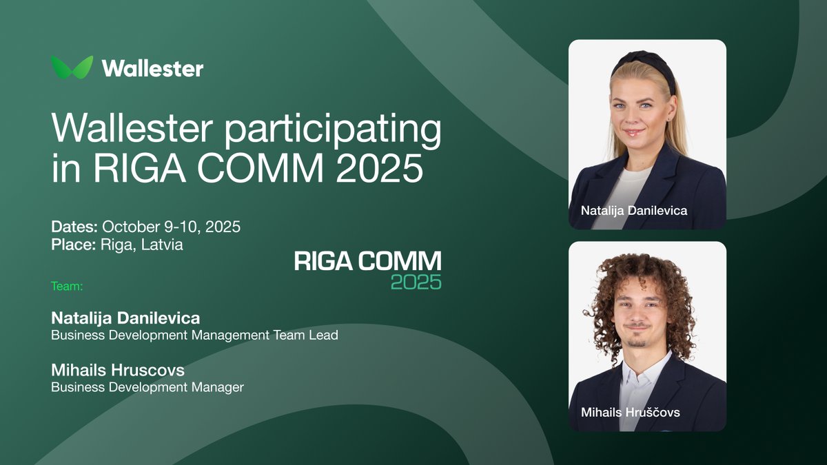 Wallester (@wallester_com) on Twitter photo #Wallester is heading to #RigaComm 2025 🇱🇻
On 9–10 Oct, Riga hosts one of the Baltics’ top business tech events for entrepreneurs and tech professionals – RIGA COMM.
Meet our team on site:
• Natalija Danilevica
• Mihails Hruscovs
See you there! 🤝 #Wallester is heading to #RigaComm 2025 🇱🇻
On 9–10 Oct, Riga hosts one of the Baltics’ top business tech events for entrepreneurs and tech professionals – RIGA COMM.
Meet our team on site:
• Natalija Danilevica
• Mihails Hruscovs
See you there! 🤝