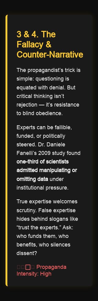 bonsaton1's tweet image. 🟨 PROPAGANDA RATING: TIER 3/4

“Calling experts shills isn’t an argument.”

Framing trick: shames doubt, sells consensus as truth.
Real question: which experts — and who funds them?

#CognitiveContainment

communications.gov.uk/publications/f…