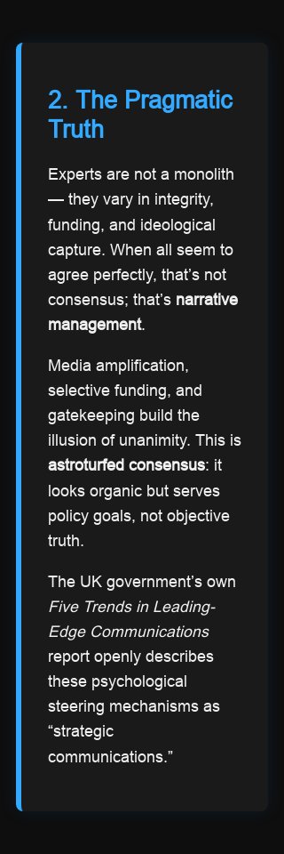 bonsaton1's tweet image. 🟨 PROPAGANDA RATING: TIER 3/4

“Calling experts shills isn’t an argument.”

Framing trick: shames doubt, sells consensus as truth.
Real question: which experts — and who funds them?

#CognitiveContainment

communications.gov.uk/publications/f…