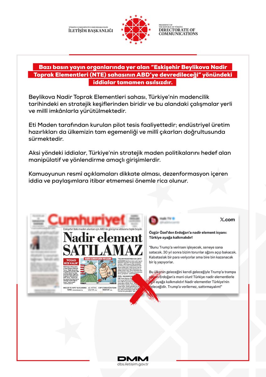 Infographic with Republic of Turkey Directorate of Communications logo at top left and Center for Countering Disinformation logo at top right. Main text in Turkish explains the false claim about Eskisehir Beylikova Nadir Toprak Elementleri site transfer to USA marked with red X. Includes newspaper clipping from Cumhuri̇yet with headline about Oguz Ozturk and details on 30 companies 50 personnel. Bottom features DMMM logo.