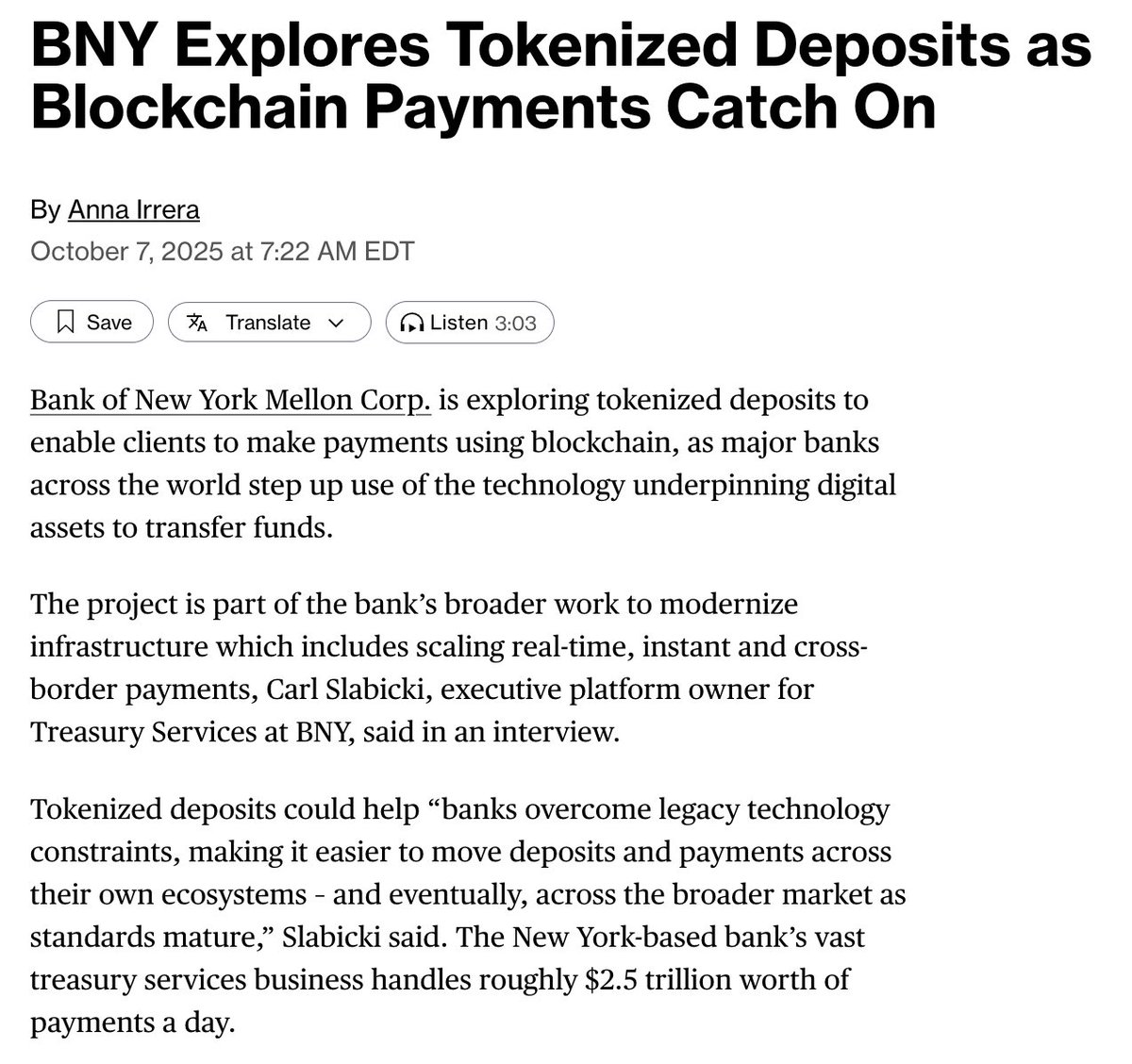 sytaylor's tweet image. The world&apos;s largest custodian bank, BNY, with $55.8 trillion in custody, just announced it&apos;s testing blockchain-based payments for clients.

Why?

Because corporates are demanding it.

🧵