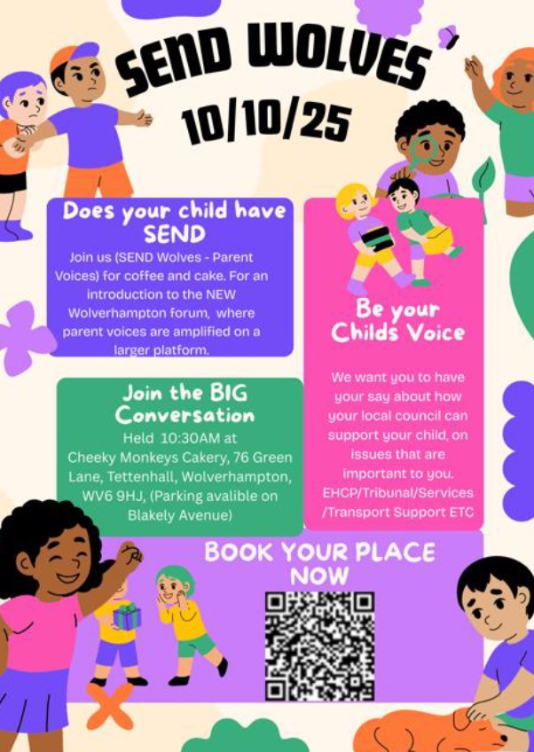 An opportunity to meet the new parent carers and share your views on services and SEN support in the city; from early intervention and school based support to statutory processes and EHCPs.

Join them on Friday 10th October. Book your place at: eventbrite.co.uk/e/swpv-send-wo…