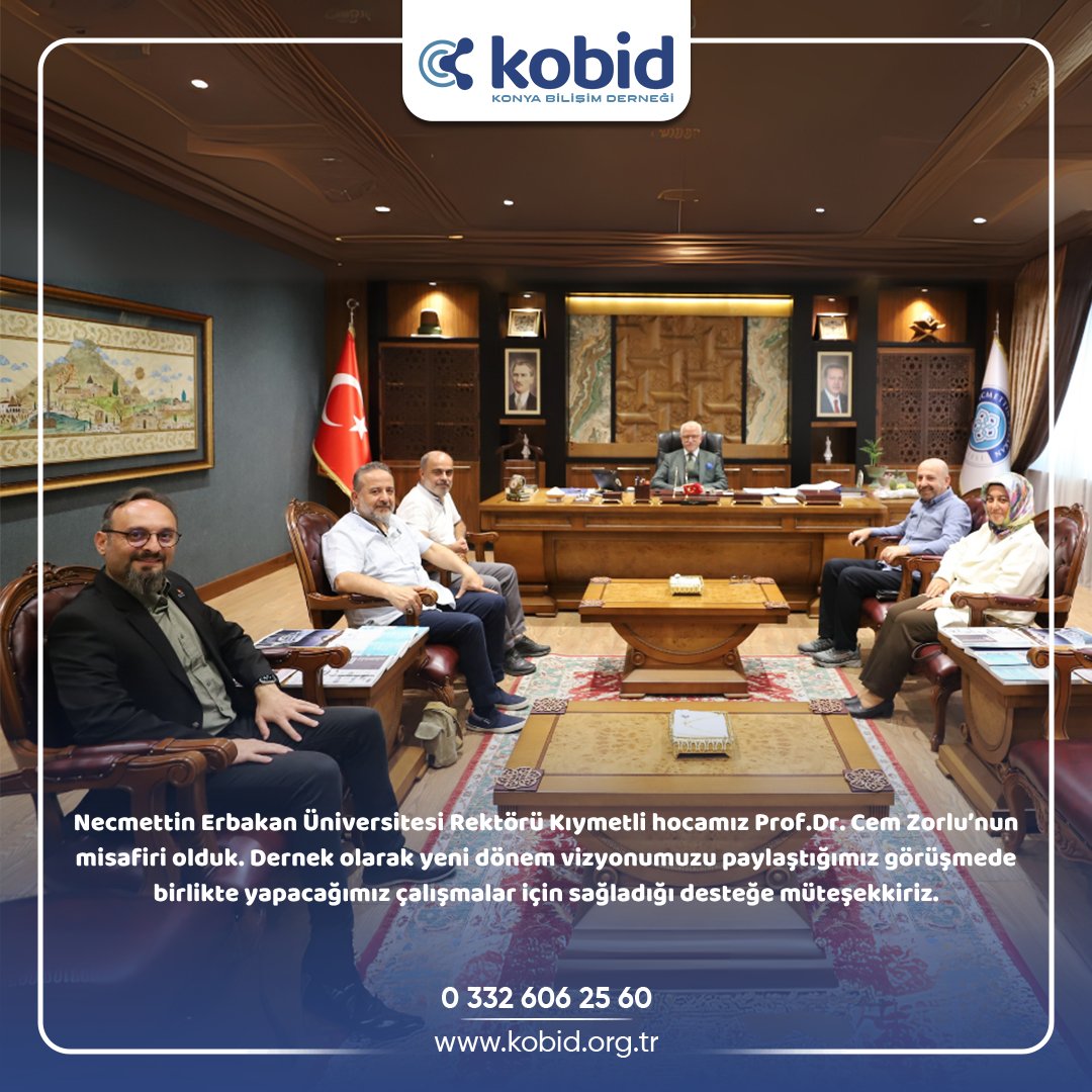 Necmettin Erbakan Üniversitesi Rektörü Kıymetli hocamız Prof.Dr. Cem Zorlu’nun misafiri olduk. Dernek olarak yeni dönem vizyonumuzu paylaştığımız görüşmede birlikte yapacağımız çalışmalar için sağladığı desteğe müteşekkiriz.