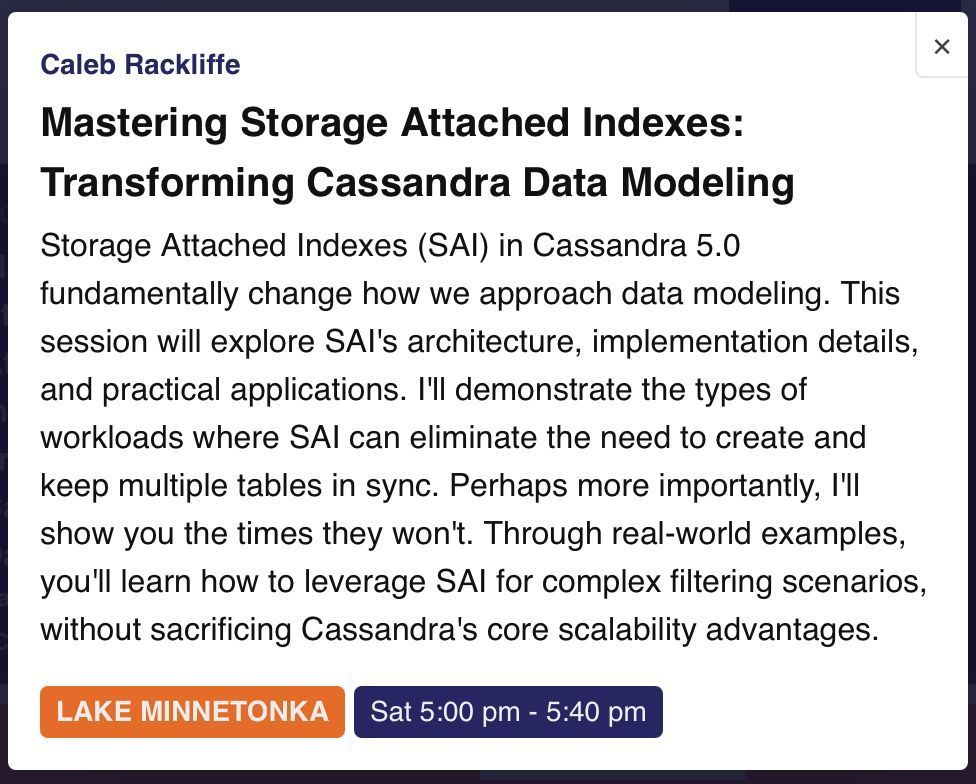 cassandra's tweet image. bsky.app/profile/cassan… 
Caleb Rackliffe presenting
Mastering Storage Attached Indexes: Transforming Cassandra Data Modeling