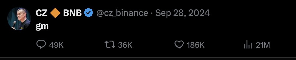 warren_hust's tweet photo. @Eljaboom I like the lore here @cz_binance first post on release from prison was gm 
And it was most viewed tweet from CZ.. 

Bull market commenced from that day 

Gm in Chinese is 早上好

Send it 

0xf49EBF1ED31c35fee3C7b1c6F0A8D17692614444 https://t.co/mn55Rxauaz