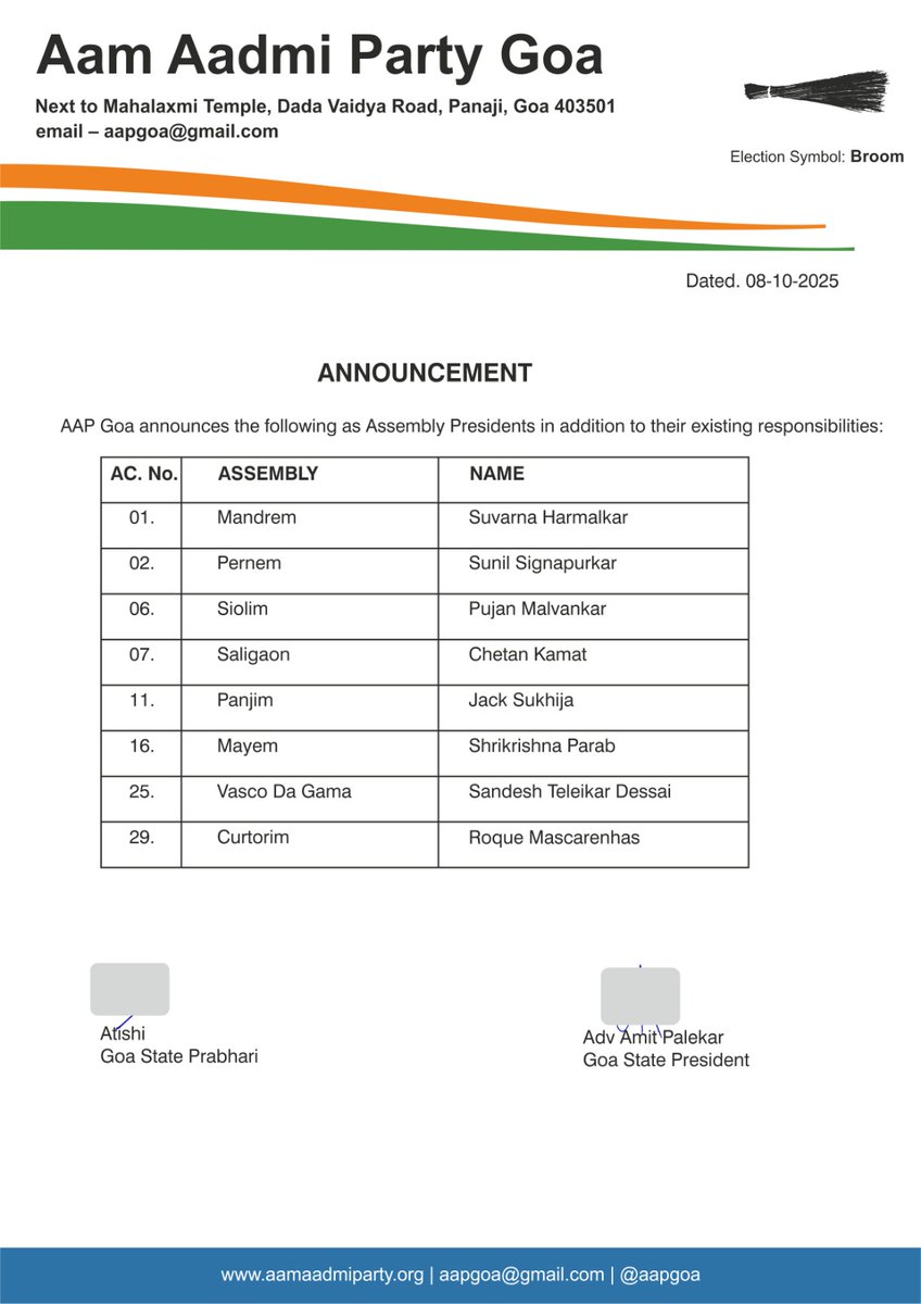 AAPGoa's tweet photo. The Aam Aadmi Party Goa hereby announces the following office bearers in 8 assembly constituencies. https://t.co/th9mzXszlv