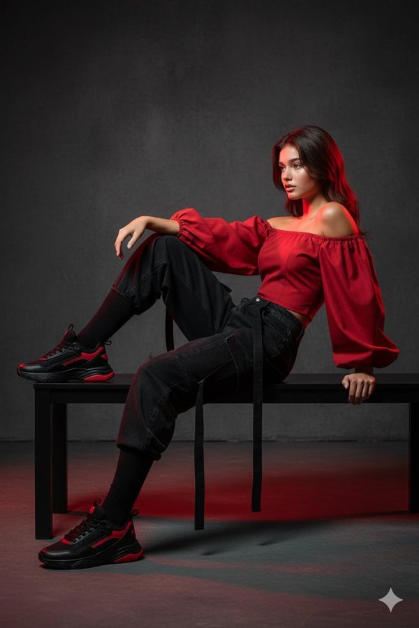HaniaAi12's tweet photo. Same face. Crimson off-shoulder top, black combat jeans, sneakers. Seated on black bench in dark red-black studio, cinematic lighting. Futuristic fashion editorial, confident pose. https://t.co/qXkRU2NSa9