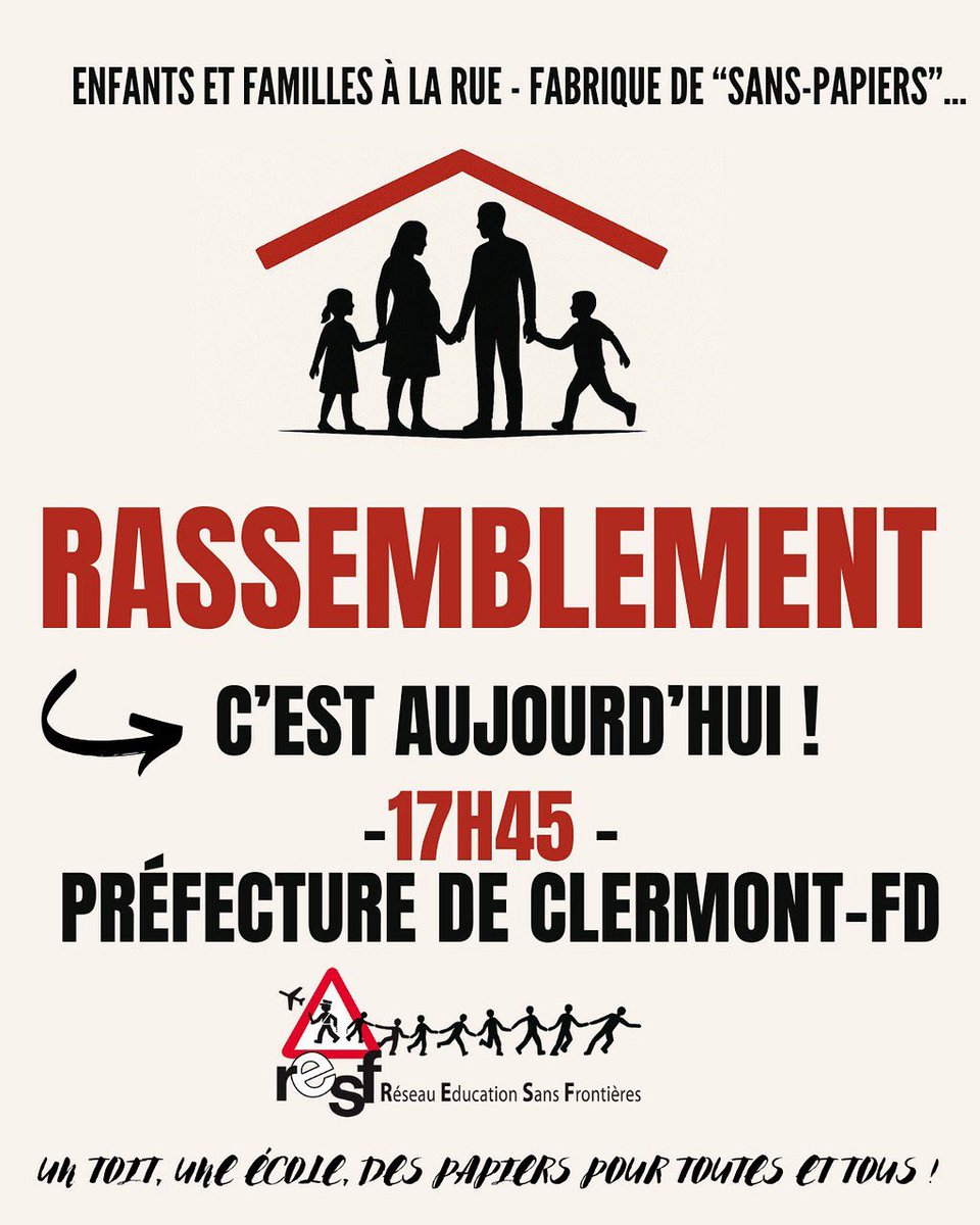 🚨 C’EST AUJOURD’HUI !

👉 Rassemblement à Clermont-Ferrand !

Des enfants et des familles dorment dehors. Ensemble, refusons l’indifférence.

📍 17h45 – Préfecture de Clermont-Ferrand

✊ Un toit, une école, des papiers pour toutes et tous !