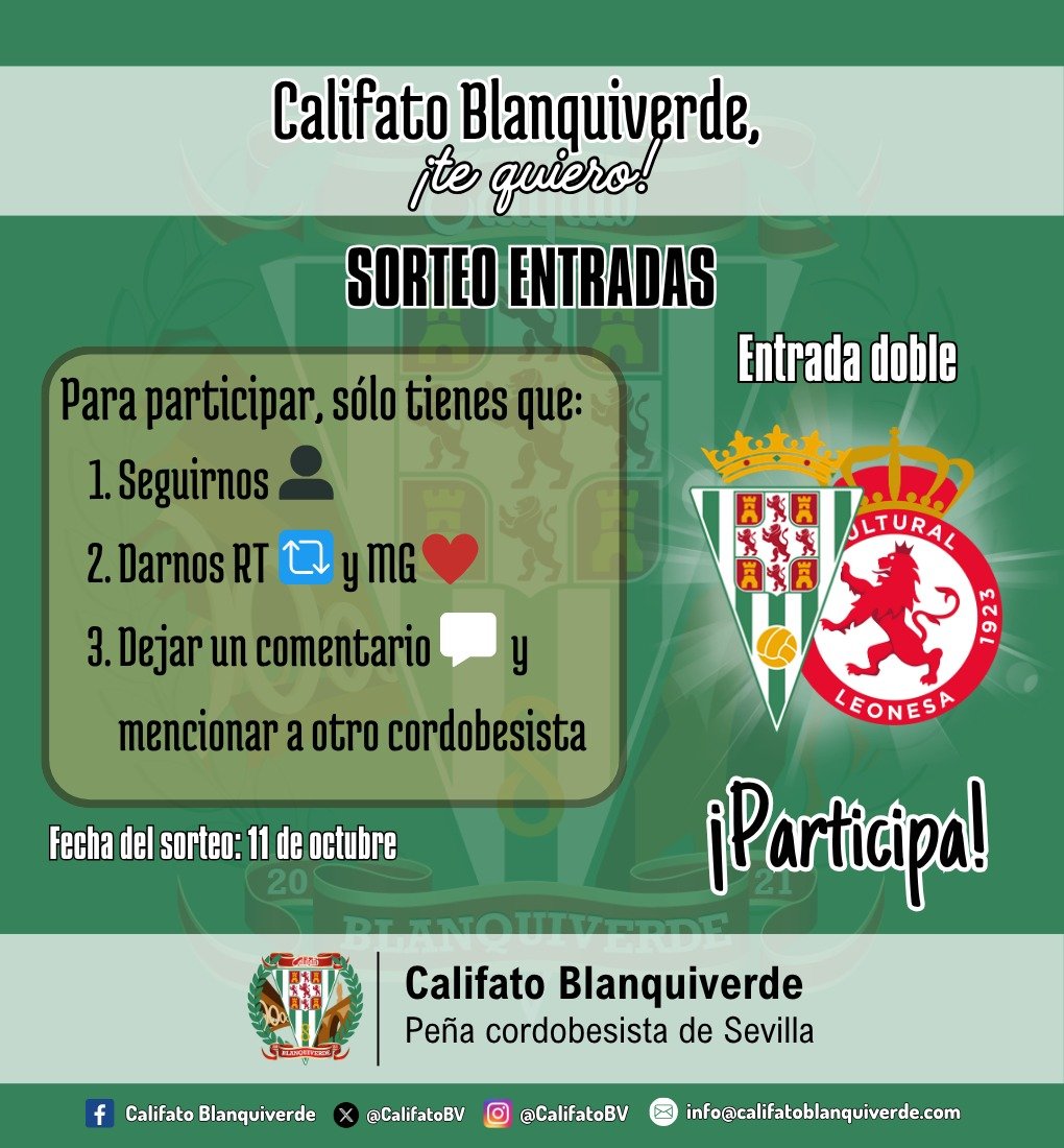 🏠 ¡𝗘𝗡 𝗖𝗔𝗦𝗔 𝗡𝗢 𝗦𝗘 𝗣𝗨𝗘𝗗𝗘 𝗙𝗔𝗟𝗟𝗔𝗥!

Participa en el sorteo de una entrada doble🎫🎫y disfruta del #CórdobaCultural del próximo lunes con un/a acompañante.

📅 Fecha del sorteo: sábado, 11 de octubre.