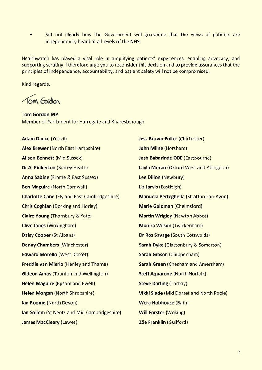 The Government's decision to abolish Healthwatch is hugely concerning and risks patients' voices being lost. I and many <a href="/LibDems/">Liberal Democrats</a> colleagues have written to the Government to urge it to reverse the decision, and guarantee funding for independent patient advocacy services.