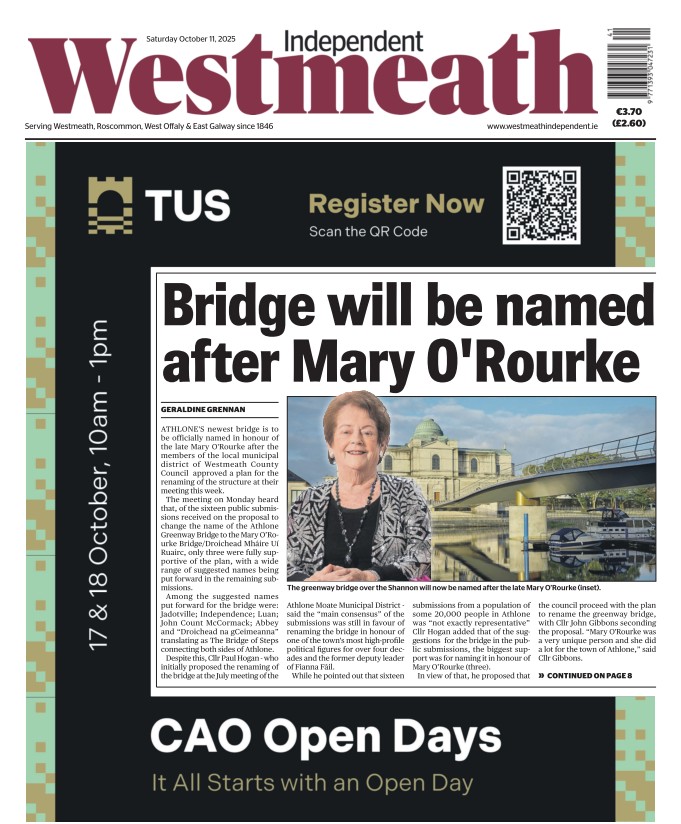 westmeathindo's tweet photo. The front page of this week's Westmeath Independent, which is out now! #LocalNews #Westmeath https://t.co/tpstTEH17d