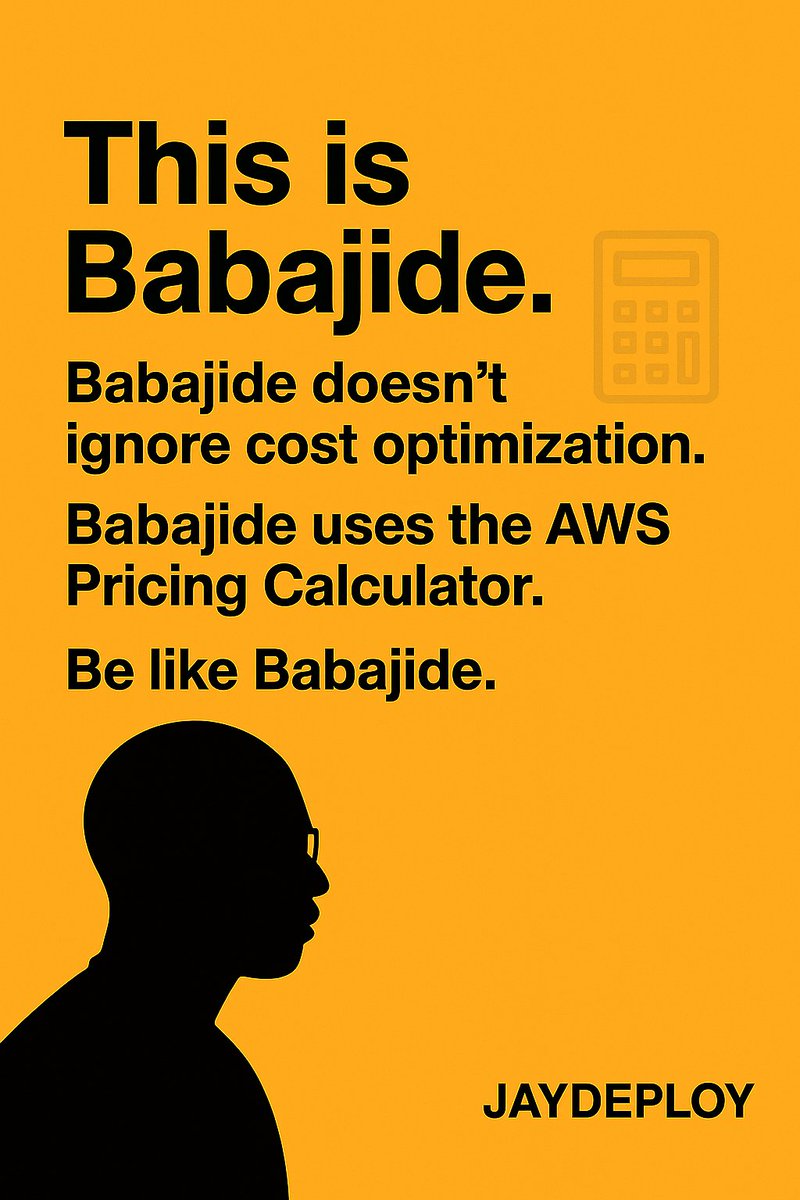 JayDeploy's tweet image. This is Babajide
Babajide doesn’t ignore cost optimization.
Babajide uses the AWS Pricing Calculator.
Be like Babajide.

⚠️ Babajide might be imaginary. Cloud Broke is not.

#AWS #CloudComputing #CostOptimization #AWSPricingCalculator #CloudSmart #FinOps #JayDeploy