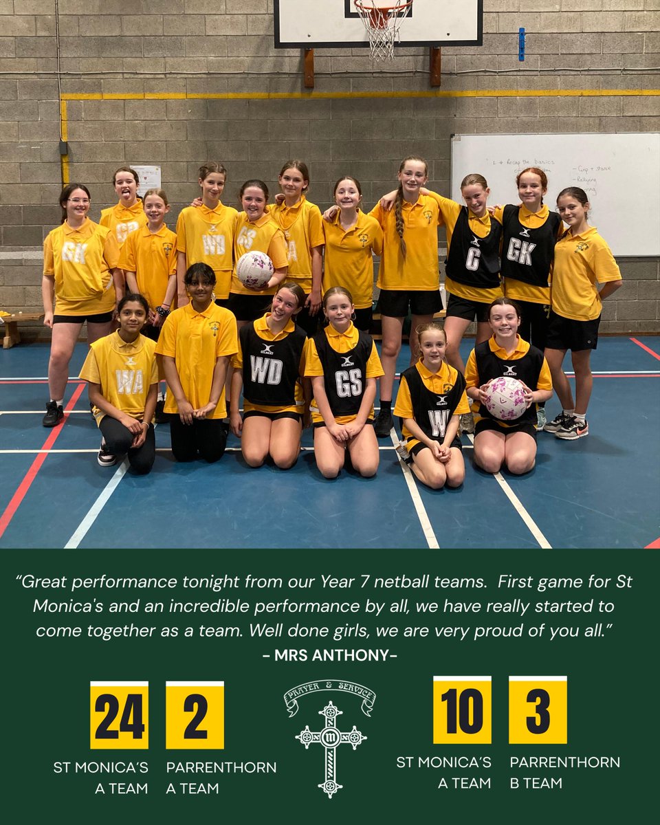 Fantastic results for our Year 7 netball teams!
Both St Monica’s A and B teams played brilliantly in their first matches. Well done girls, we’re so proud of you! 👏 @stoc_cat <a href="/StMonicasPE/">St Monica's PE</a> #stmonicasrchs_matchresults #stmonicasrchs_update
