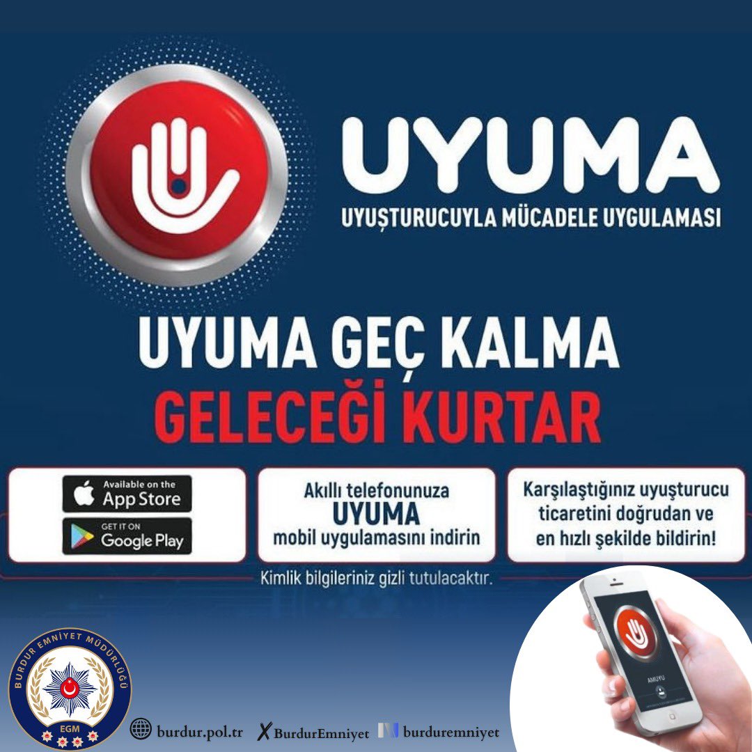 📲 Narkotik Suçlarla Mücadelede Vatandaşlarımızın Desteği En Büyük Gücümüz❗️

Karşılaştığınız uyuşturucu ticaretini #UYUMA uygulaması üzerinden doğrudan ve en hızlı şekilde bildirin 👮‍♂️
Uygulamayı indirmek için👇

App Store📲apps.apple.com/tr/app/uyuma/i…
Play Store📲