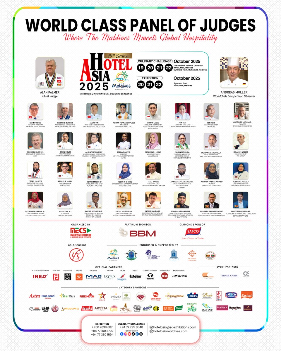 hotelasia_mv's tweet photo. Hotel Asia Maldives 2025 proudly presents a globally recognized panel of culinary professionals, from award-winning executive chefs to international competition judges and hospitality educators.

#HotelasiaMaldives #exhibition #CulinaryChallenge #mecsevents #lecs #events https://t.co/Zjrv0YbT82