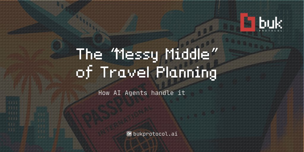 BukProtocol's tweet image. The “Messy Middle” of Travel Planning and How AI Agents Fix It

The chaotic in-between stage where travelers bounce between dozens of tabs - comparing prices, reading reviews, checking maps, and second-guessing decisions.

This is where most travel dreams slow down… or die.

But…