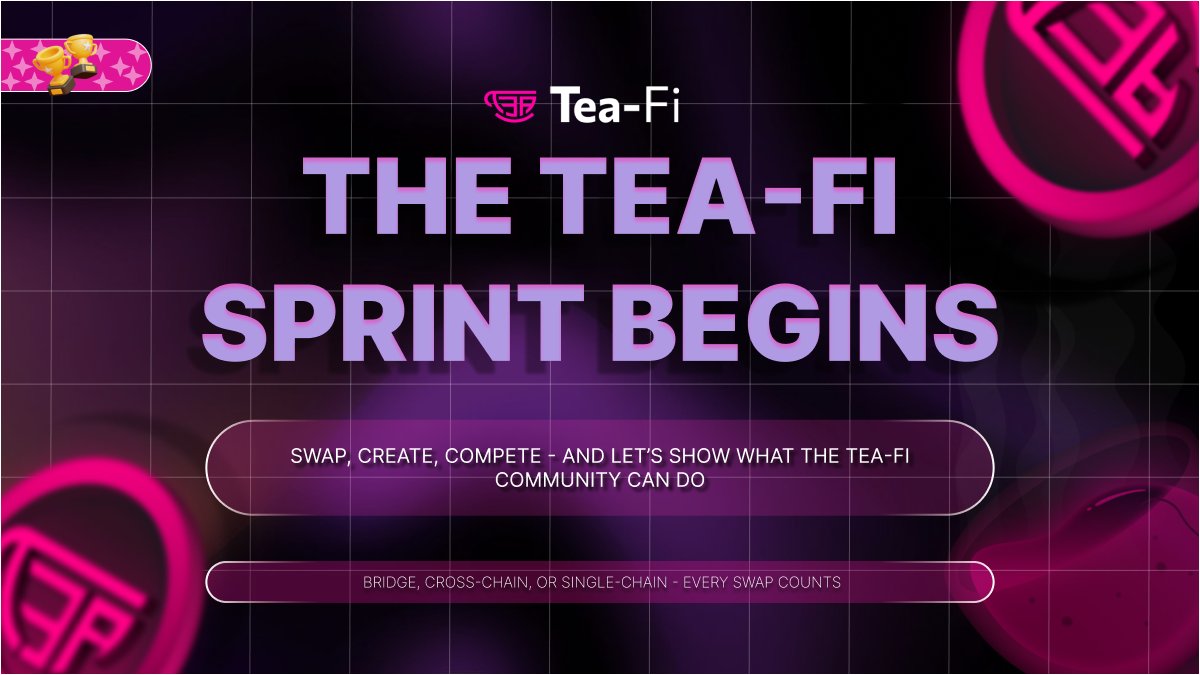 ginger_monkeyd's tweet image. The Tea-Fi Sprint begins - ready to compete?

Week 1 - Tea-Fi Swap Week (Oct 6–10)🗓️

Make 3+ swaps, hit $50+ total volume, and join the race for 10,000 $TEA  Bridge, cross-chain, or single-chain - every swap counts

Want to boost your chances? 
Create content about Tea-Fi Swap…