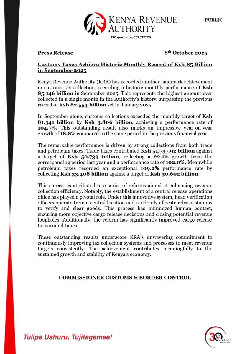 Jossmurage2's tweet image. Hats off to the KRA team!
With 104.7% revenue performance, September 2025 marks a new chapter of excellence in revenue collection.
This is how we build a stronger, self-sustaining economy — through integrity, innovation &amp;amp; accountability. 🇰🇪
#CustomsReforms #EconomicGrowth