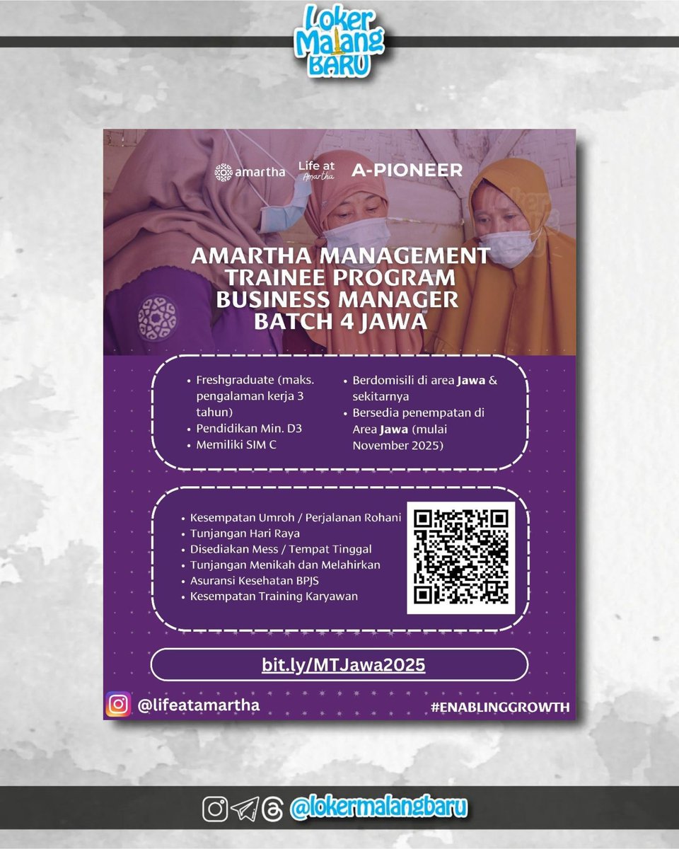loker_malang's tweet image. @lifeatamartha 
💜 Freshgraduate, waktunya #EnablingGrowth bareng Amartha!
Yuk mulai perjalanan kariermu jadi Business Manager lewat Management Trainee Program Batch 4 Jawa 🚀

Kenapa harus join?
✅ Fast track karier dengan training intensif
✅ Benefit lengkap: Gaji, Mess, BPJS,