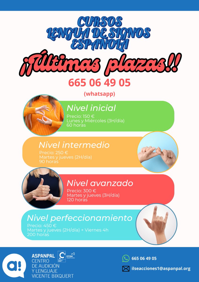 🌟 ¡Aprende Lengua de Signos con ASPANPAL! 🌟

 En ASPANPAL ofrecemos cursos de LSE adaptados a todos los niveles:
✅ Nivel Inicial
✅ Nivel Intermedio
✅ Nivel Avanzado
📞 Inscripciones y más infoo 665 06 49 05(Whatsapp)