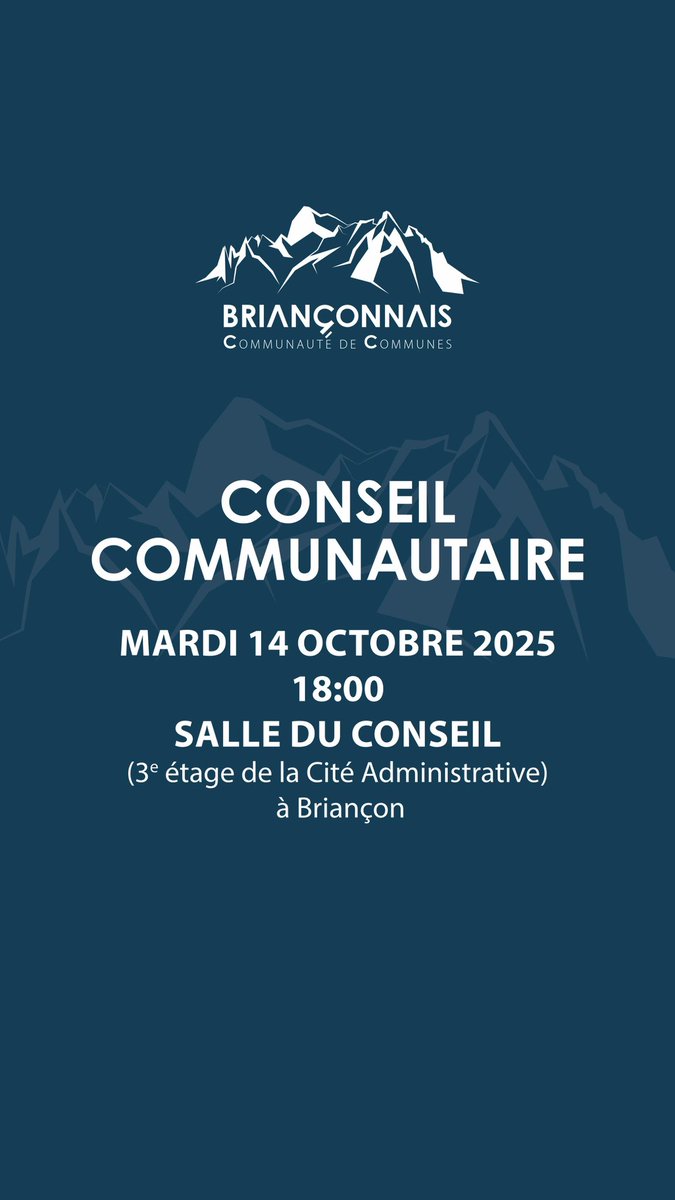 CONSEIL COMMUNAUTAIRE 

Mardi 14 octobre à 18h en salle du conseil à la Cité Administrative 

Découvrez l’ordre du jour : ccbrianconnais.fr/fileadmin/user…