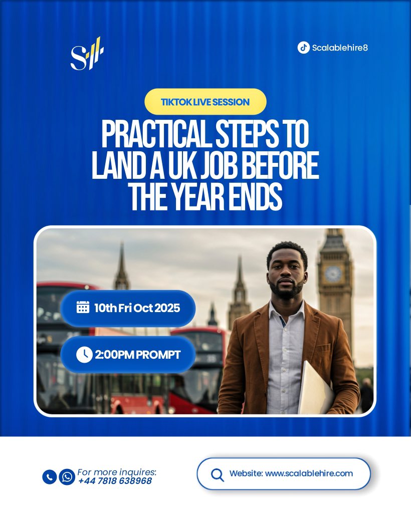 Scalablehire's tweet image. Want to land a UK job before the year ends?

Join our TikTok Live this Friday, Oct 10 at 2PM as we share practical steps to find sponsored jobs, optimize your CV, and secure interviews before December.

Live on TikTok → @scalablehire8
#ScalableHire #UKJobs #VisaSponsorship