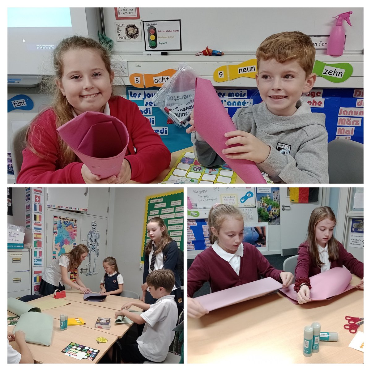 MFL_2XL's tweet photo. Our KS3,4 and 5 linguists welcomed visitors to the Languages department at  Open Day for craft activities.  We made Schultüten (school cones) which German pupils receive on their first day of primary school. Fantastisch! @StanwellSchool @CSC_langlitcomm @WG_Education https://t.co/GrZ1tE4u56