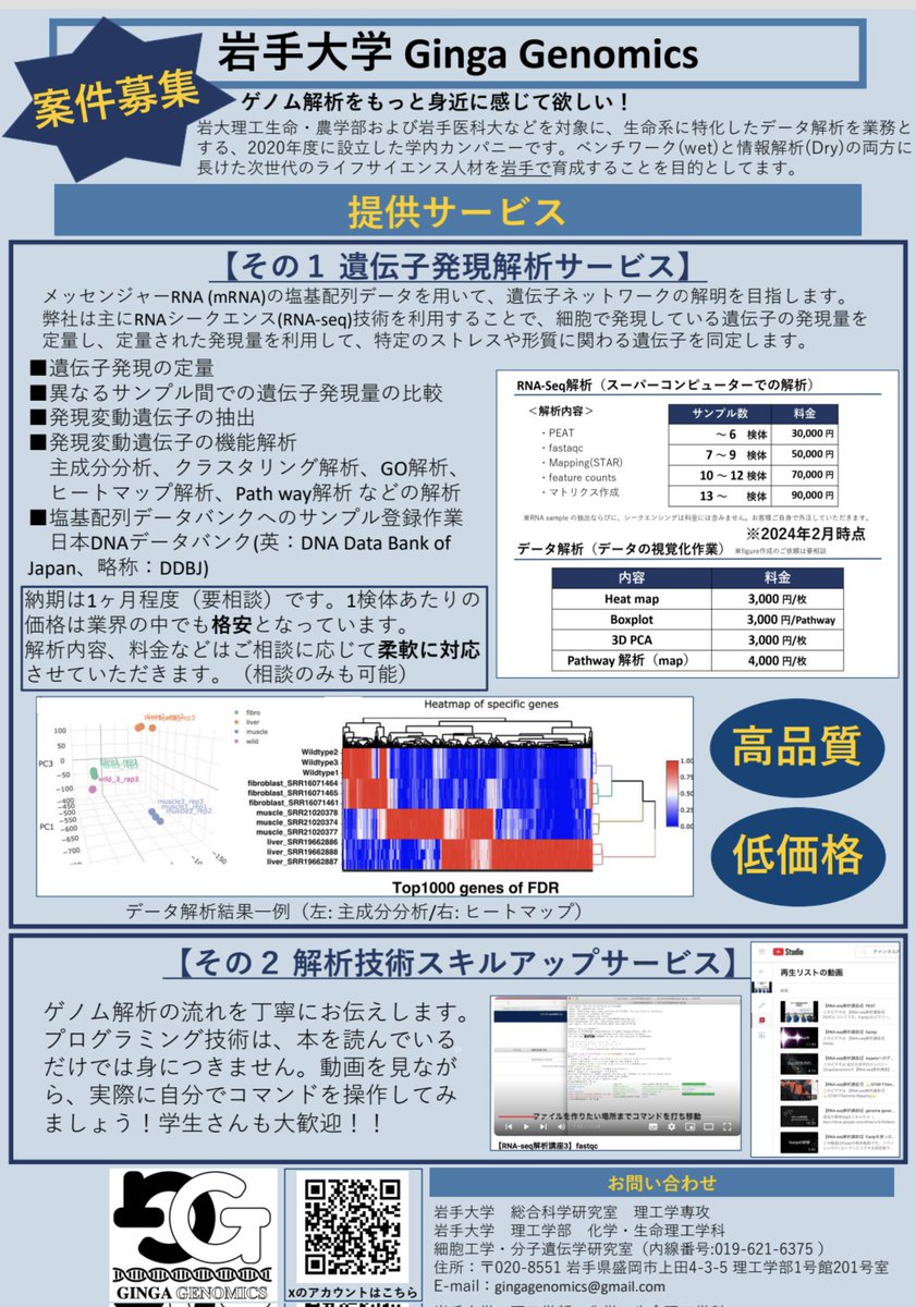 Ginga_genomics's tweet photo. 【解析のご依頼募集中‼️】

Ginga GenomicsではRNA-seqを用いた高品質かつ低価格な遺伝子発現解析サービスを提供しています！

詳しくは以下の画像をご覧ください↓

ご依頼やご質問はリプライやDM、メールまでお願いします🙇

#岩手大学
#学内カンパニー
#RNAseq
#遺伝子解析 https://t.co/jrj2wDHO6e