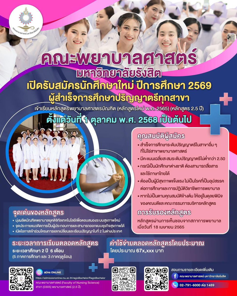 ม.รังสิต รับสมัครแล้วจ้า หลักสูตรพยาบาลศาสตรบัณฑิต 2.5 ปี รอบที่ 1 สำหรับผู้สำเร็จการศึกษาปริญญาตรีทุกสาขา #RSU wisdom.rsu.ac.th/18249/
