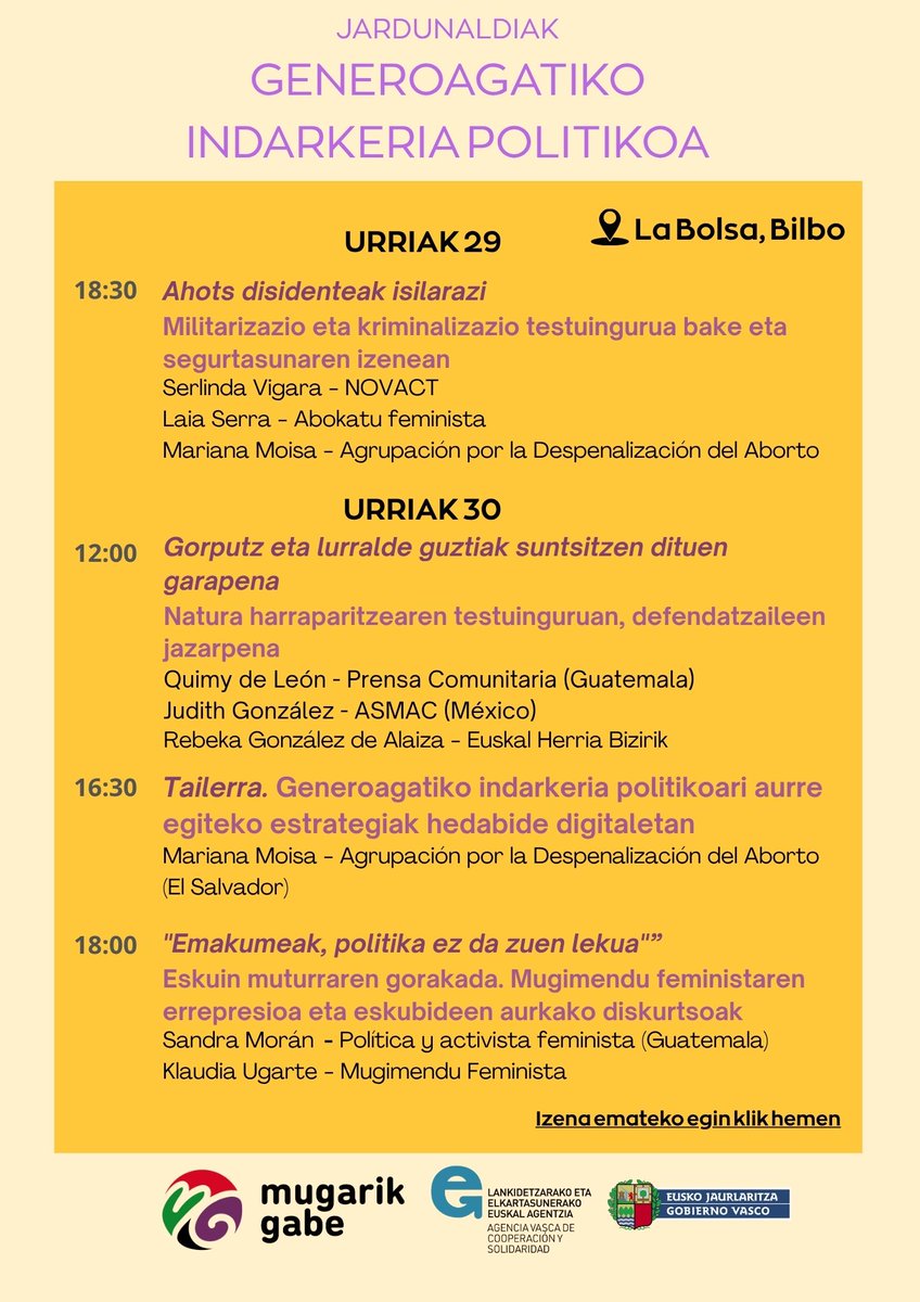 📢📢📢Badatoz "Olatu erreakazionaren aurrean, ARRAUN FEMINISTA!" jardunaldiak.

Etorri Generoagatiko Indarkeria Politikoaren inguruan hausnartzera!

🗓️ Urriak 29, asteazkena  eta urriak 30, osteguna.
📍 La Bolsan, Bilbon

Eman izena hemen: l1nq.com/n8iEt