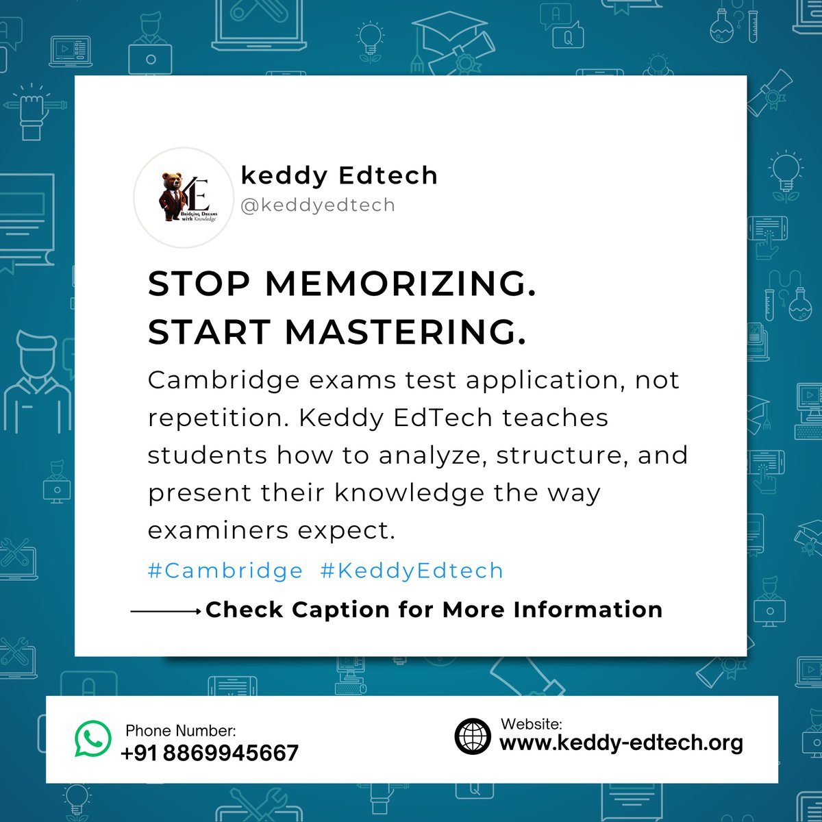 KeddyEdtech's tweet image. Stop memorizing. Start mastering.  Cambridge exams reward structured thinking—not repetition. Keddy EdTech trains students to analyze, organize, and present with precision.

🔗 keddy-edtech.org  #CambridgeExams #KeddyEdTech #StudySmart #IGCSEPrep