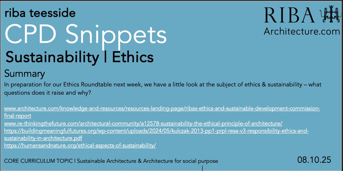 RibaTees's tweet image. In preparation for our Roundtable event next week #CPDSnippets explores #sustainability & #Ethics
links
architecture.com/knowledge-and-…
re-thinkingthefuture.com/architectural-…
buildingmeaningfulfutures.org/wp-content/upl…
humansandnature.org/ethical-aspect…
@RIBANE @RIBA @RIBAYorkshire @YAPF #architects #architecture